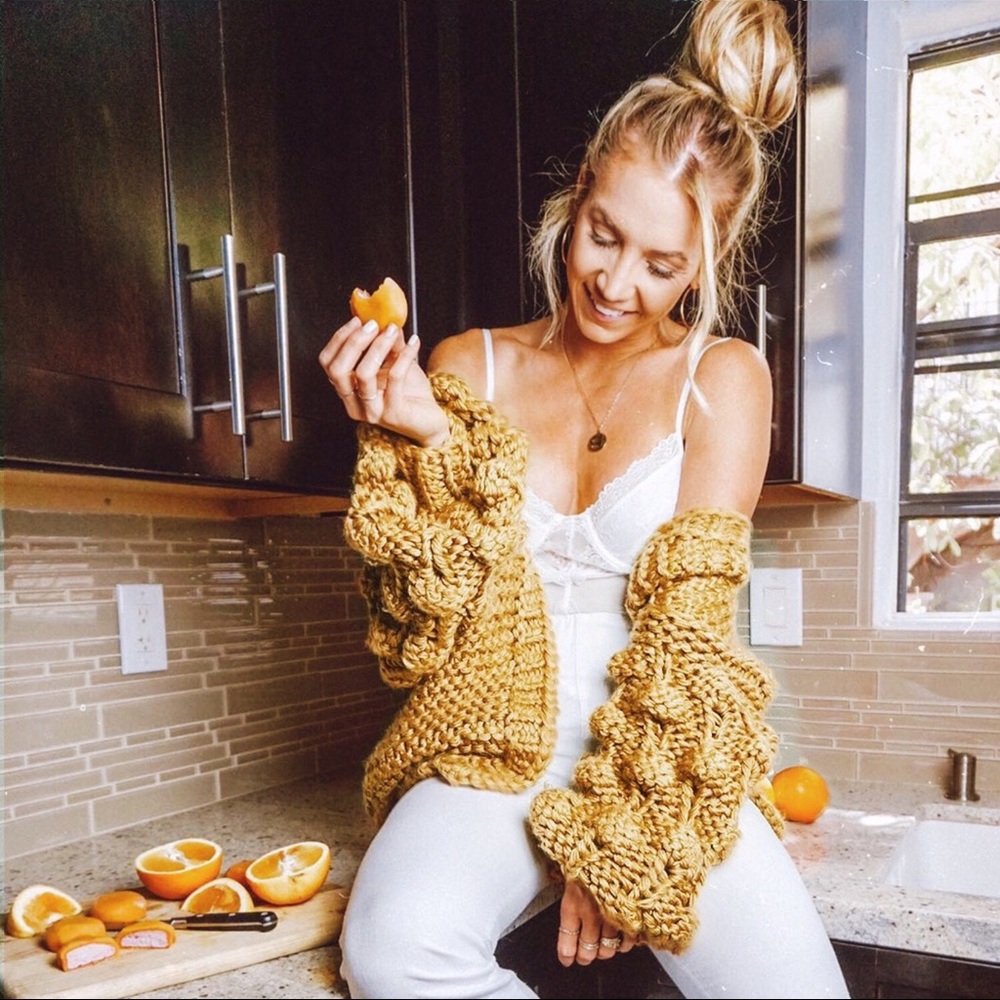 NEW! Mustard Pom Sleeve Loose Knit Fuzzy Cardigan - Picture 7 of 7